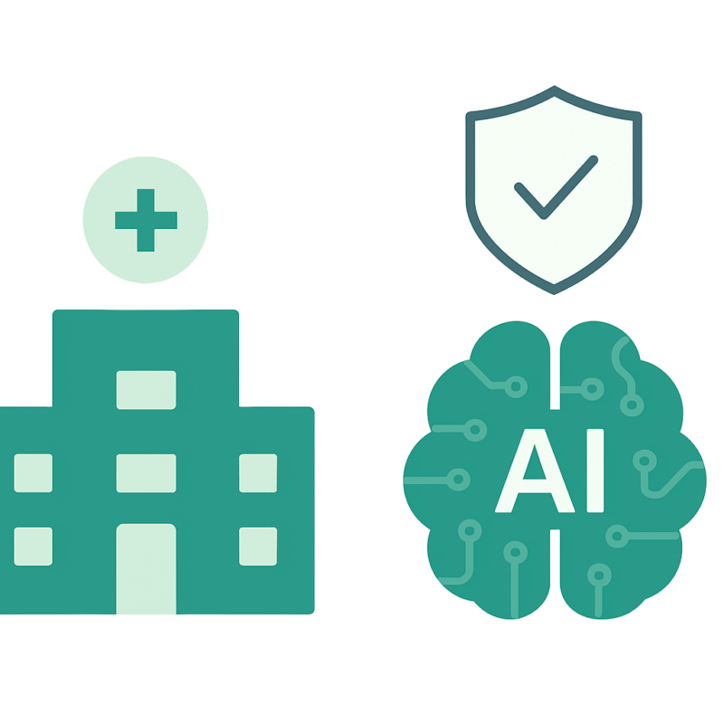 Illustratie AI in de zorg met compliance-schild en ziekenhuis